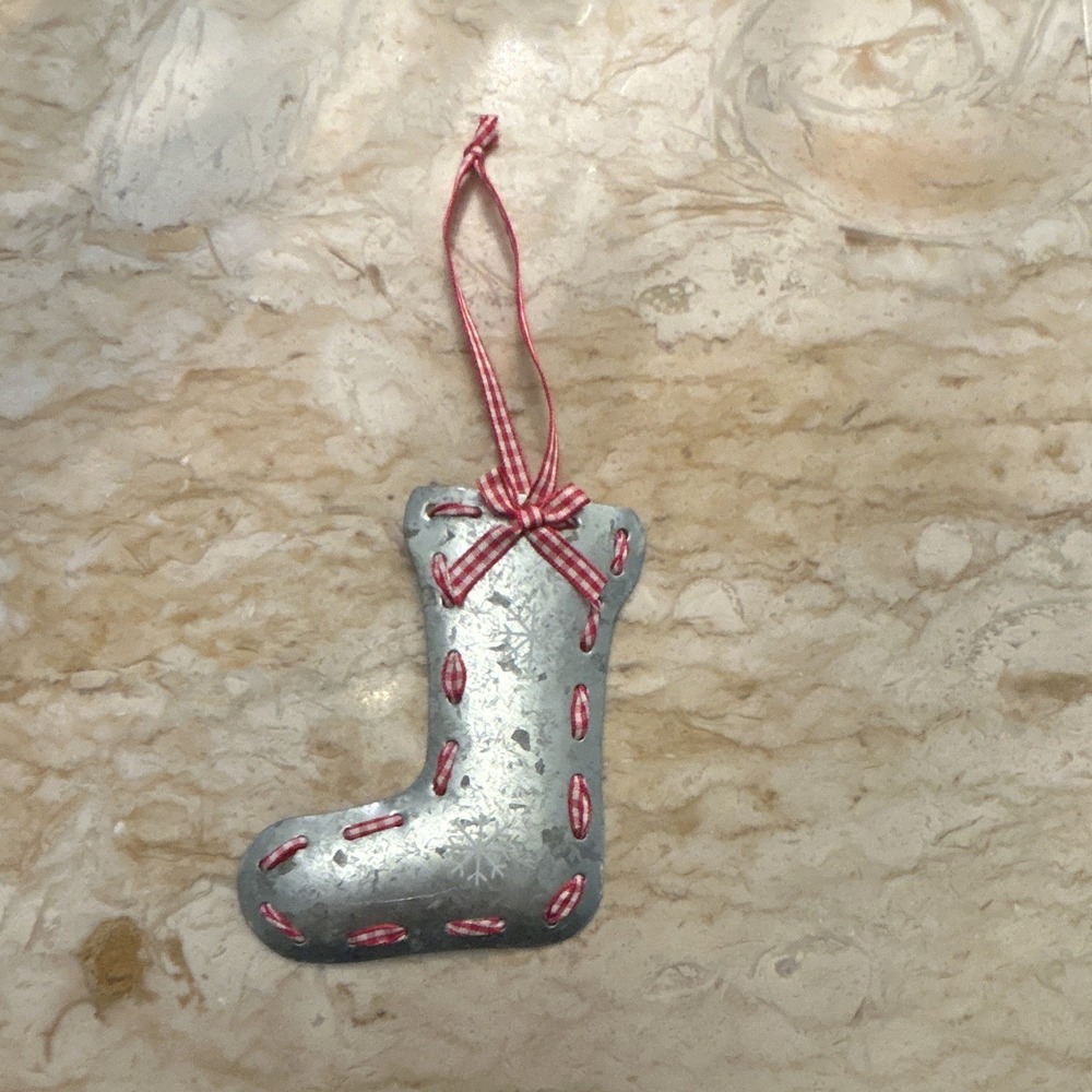 Silver Red Metal Stocking Hanging Ornament Snowflake Pattern Christmas 4 in